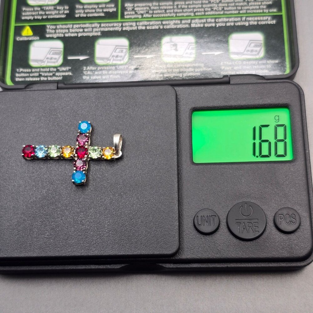 Vintage Sterling Silver Multicolored Rhinestone Crystal Cross Pendant Statement - Picture 9 of 10